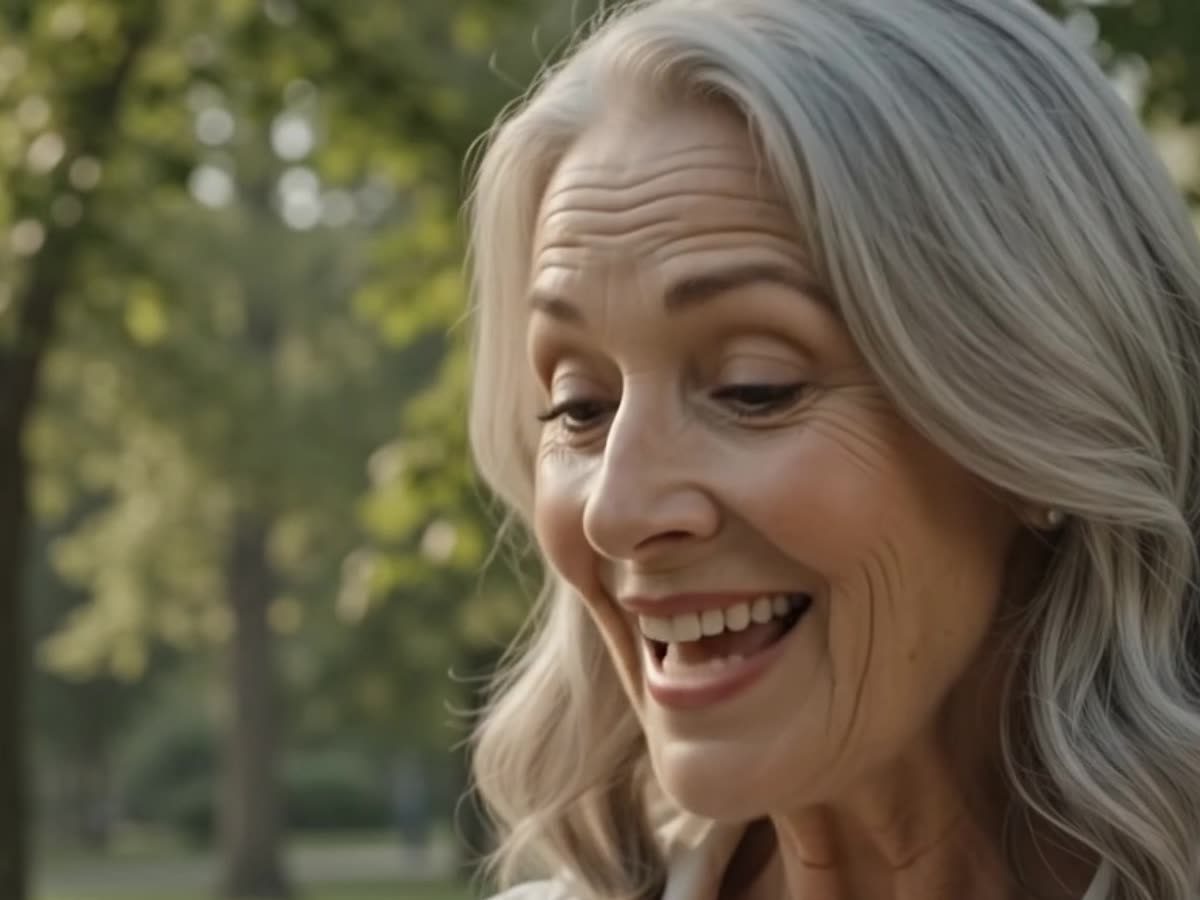 An elderly woman laughing during a warm conversation