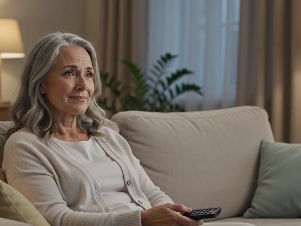 An elderly woman at home in the evening, comfortable and unhurried