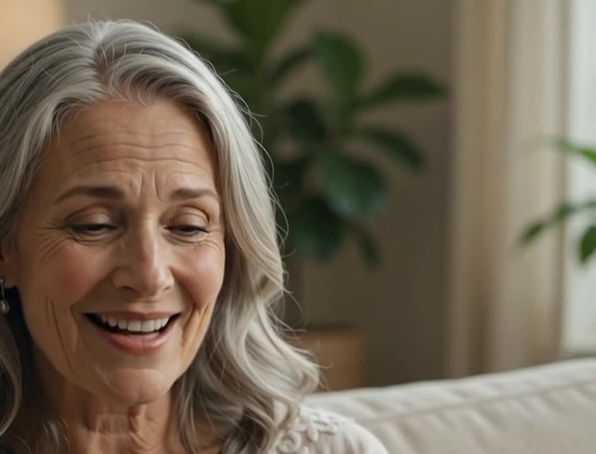 Sara, 74, smiling at a message on her phone