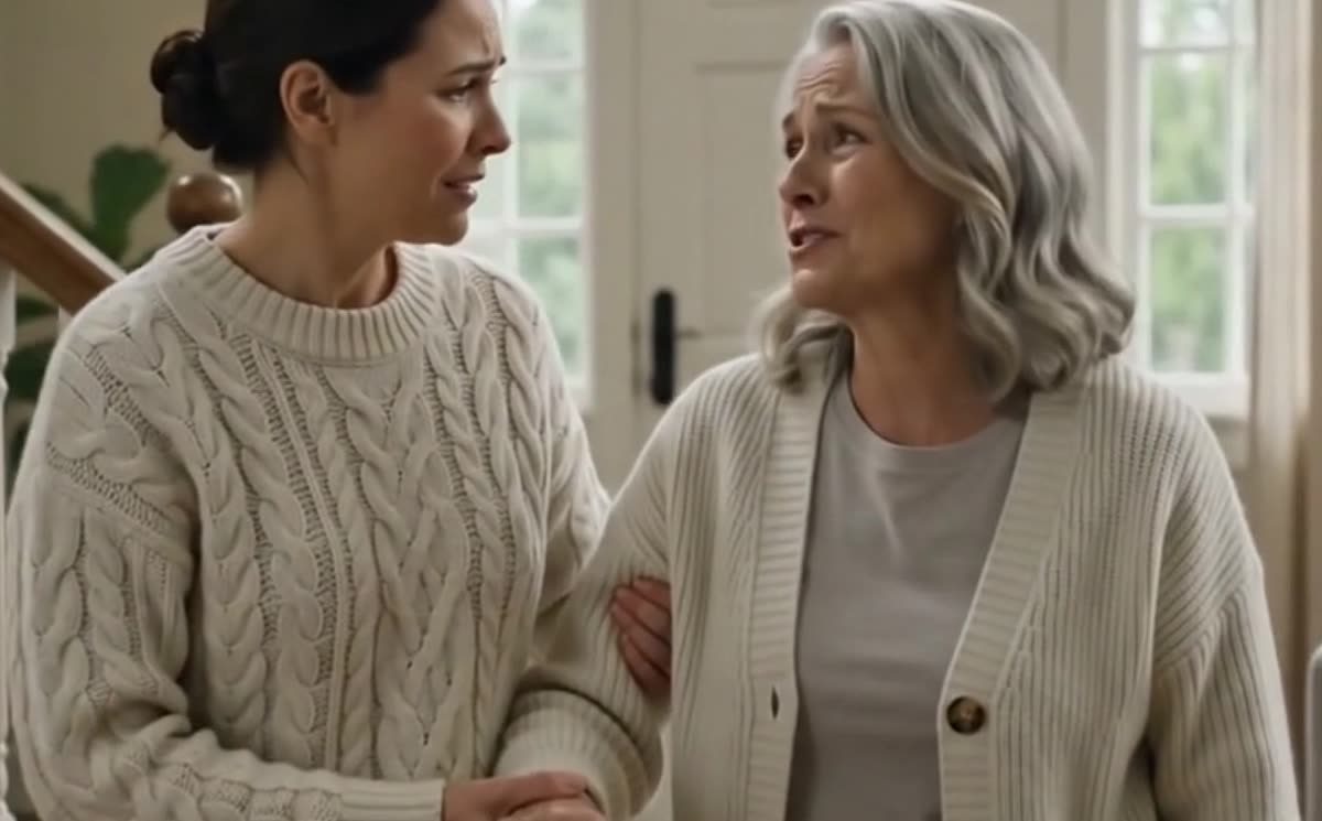 A neighbour arriving to help an elderly woman
