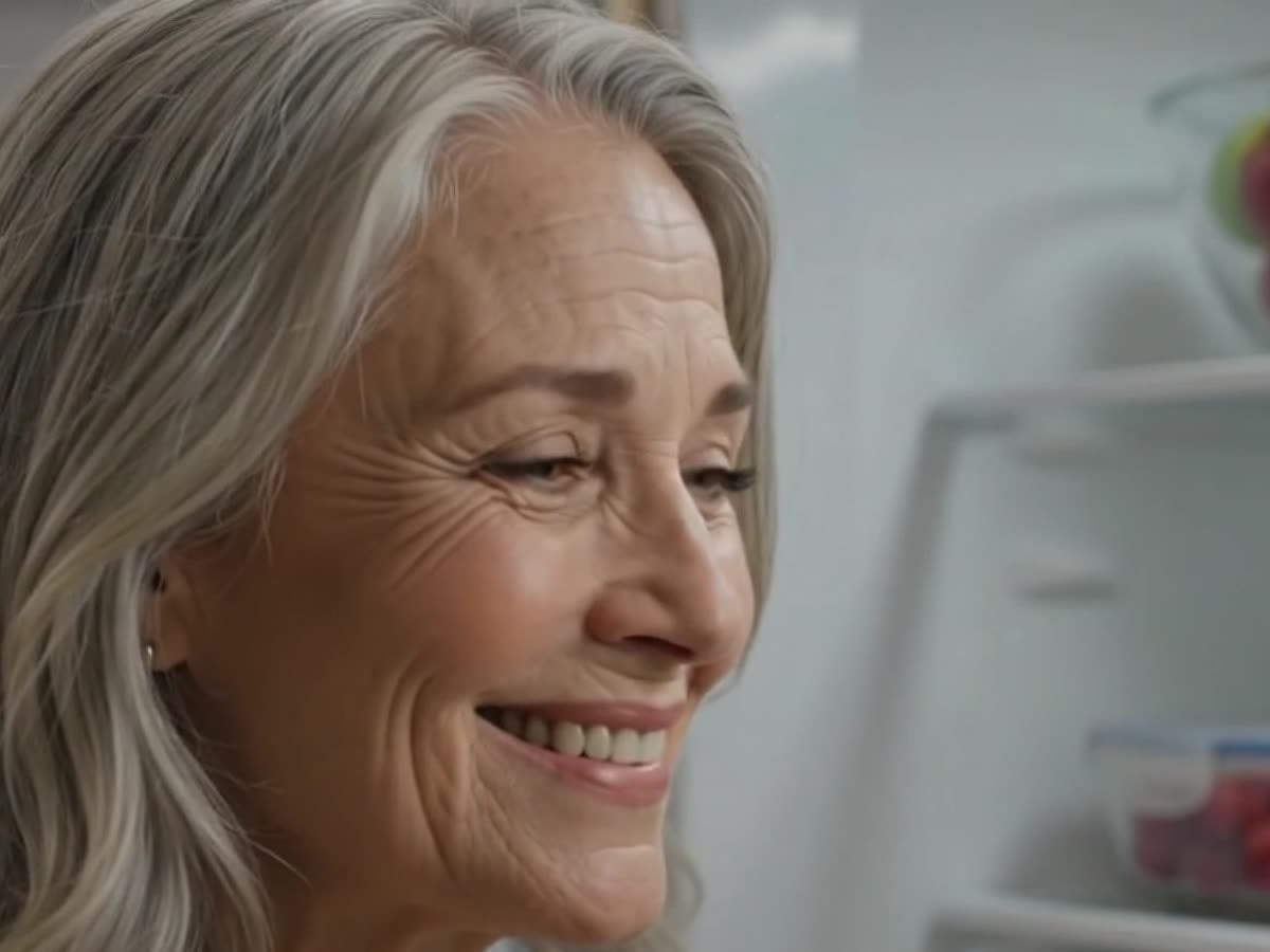 An elderly woman smiling at her open fridge, following the meal plan her doctor set