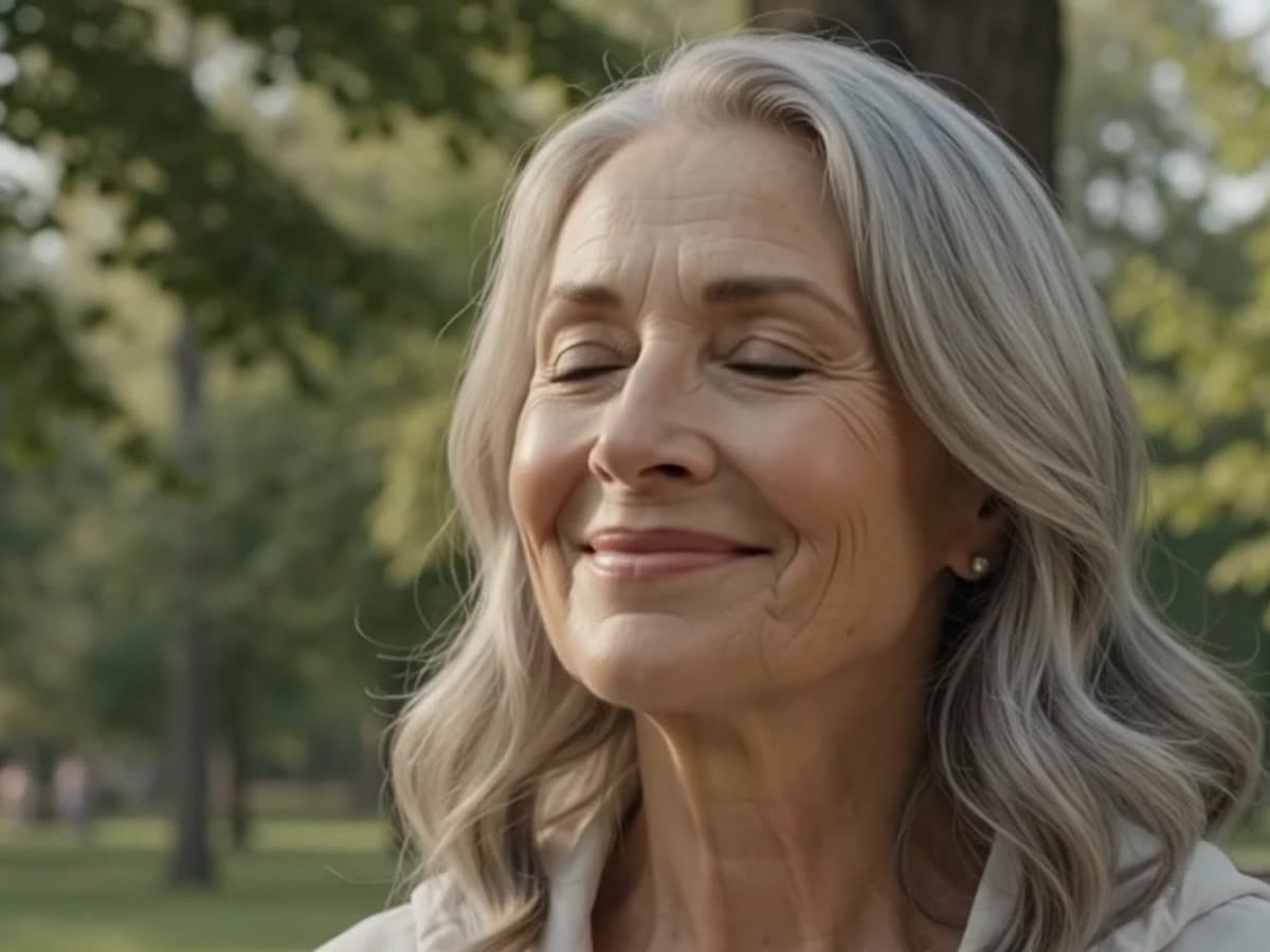 An elderly woman standing calmly outdoors