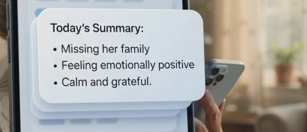A daily mood summary card reading: missing her family, feeling emotionally positive, calm and grateful