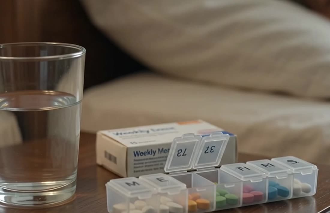 A weekly pill organiser and a glass of water on a table