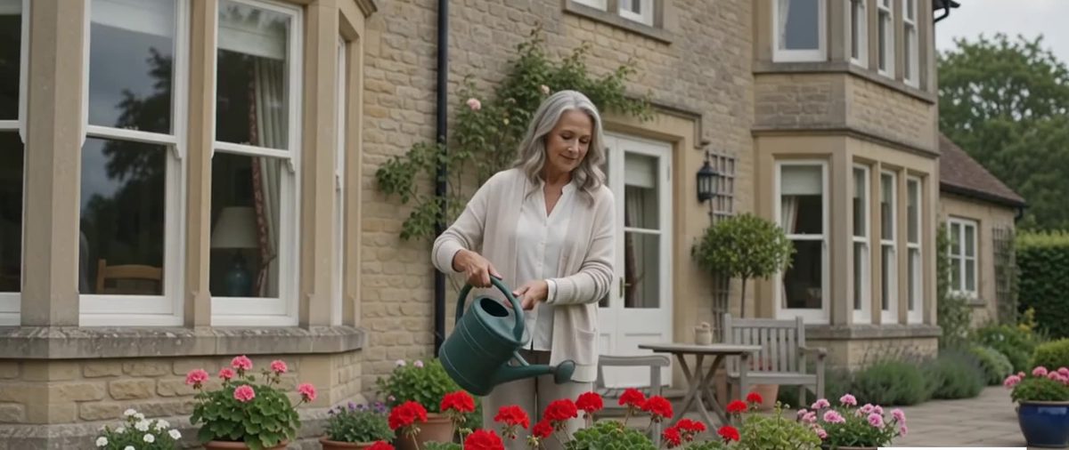 An elderly woman watering the flowers outside her home