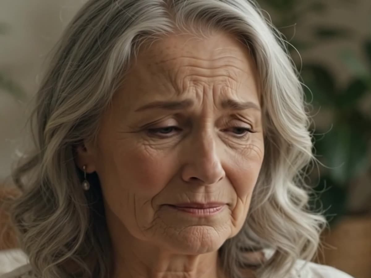 An elderly woman sitting alone at home looking worried